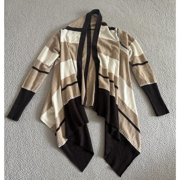 Cullen Sweater Brown Ivory Striped 100% Cashmere Open Cardigan - Picture 1 of 8